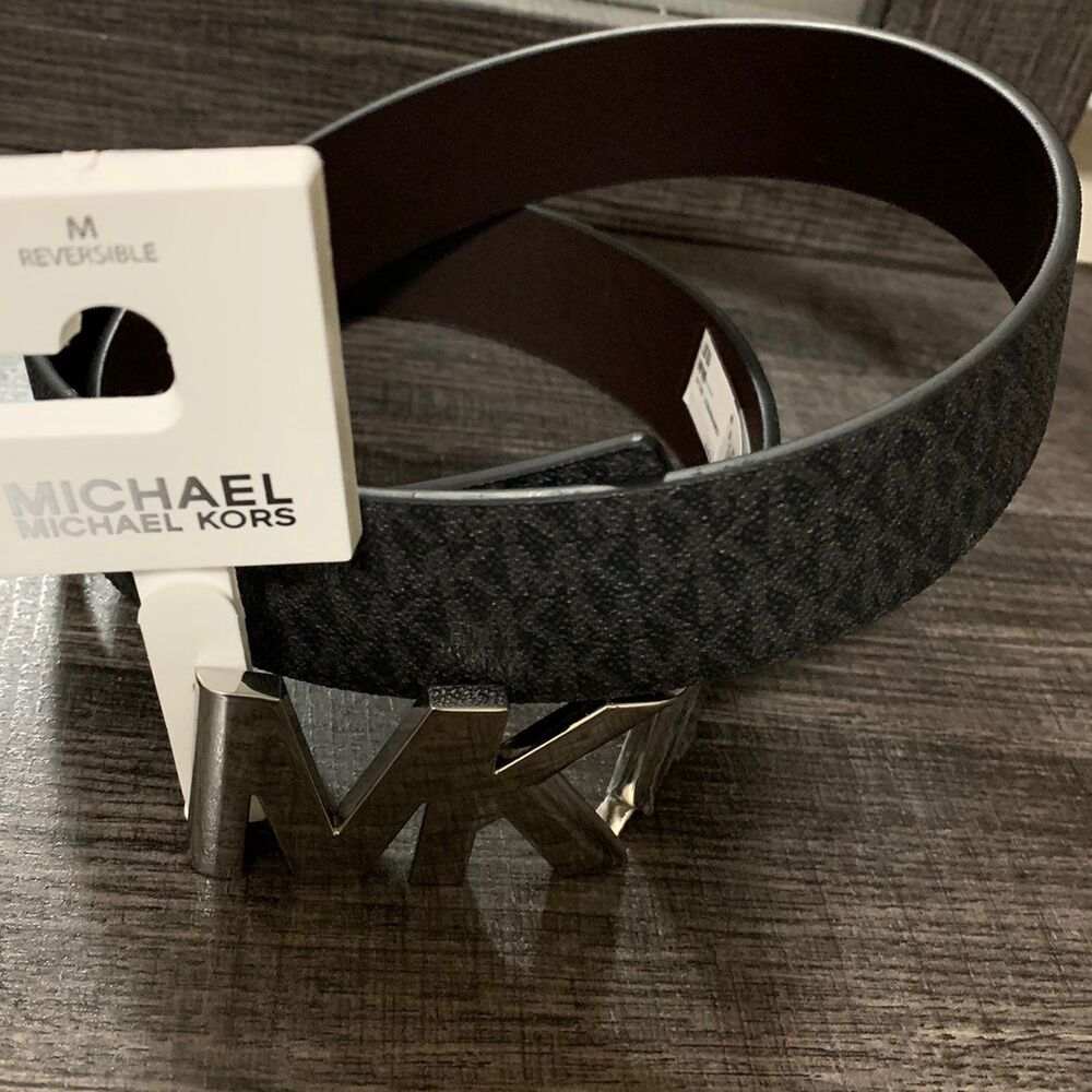 MICHAEL KORS TWIST REVERSIBLE BELT BLACK BROWN SILVER METAL BUCKLE MK LOGO NWT